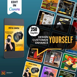 May include: A collage of 250 customizable social media templates for various products, including a digital camera, incense sticks, sports shoes, a necklace, a coffee cup, chips, earbuds, and spicy gherkins. The text "DESIGN CUSTOMIZE ENHANCE YOURSELF" is featured in the center of the collage.