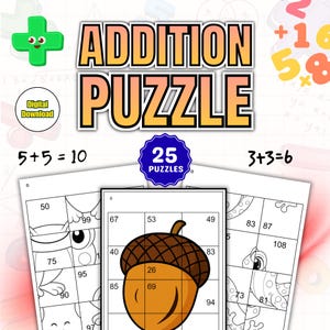 Puede incluir: Descarga digital de un libro de rompecabezas de suma. La portada presenta las palabras "ADDITION PUZZLE" en naranja y amarillo. El libro contiene 25 rompecabezas con imágenes de una bellota y personajes de dibujos animados.