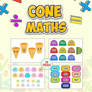May include: Educational math game featuring ice cream cone graphics and the text "CONE MATHS". Includes number puzzles and a "20 PUZZLES" label. The game uses bright colors and is designed for learning.