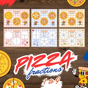 May include: A set of nine printable pizza fraction worksheets. The worksheets feature colorful illustrations of pizzas divided into different fractions, from one half to one ninth. The worksheets are labeled with the fraction represented by each slice. The text "PIZZA fractions 1 to 9" is displayed at the bottom of the image.