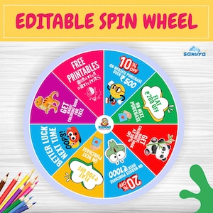 May include: A colourful spin wheel featuring various offers and discounts for a children's website. The wheel is divided into sections with text such as "Free Printables", "10% off on website purchase over £500", "Get Magic Colouring Book for Free", "Flat ₹200 off on next purchase", "20% off over ₹1000 on website purchase", and "Flat ₹200 off on next purchase".