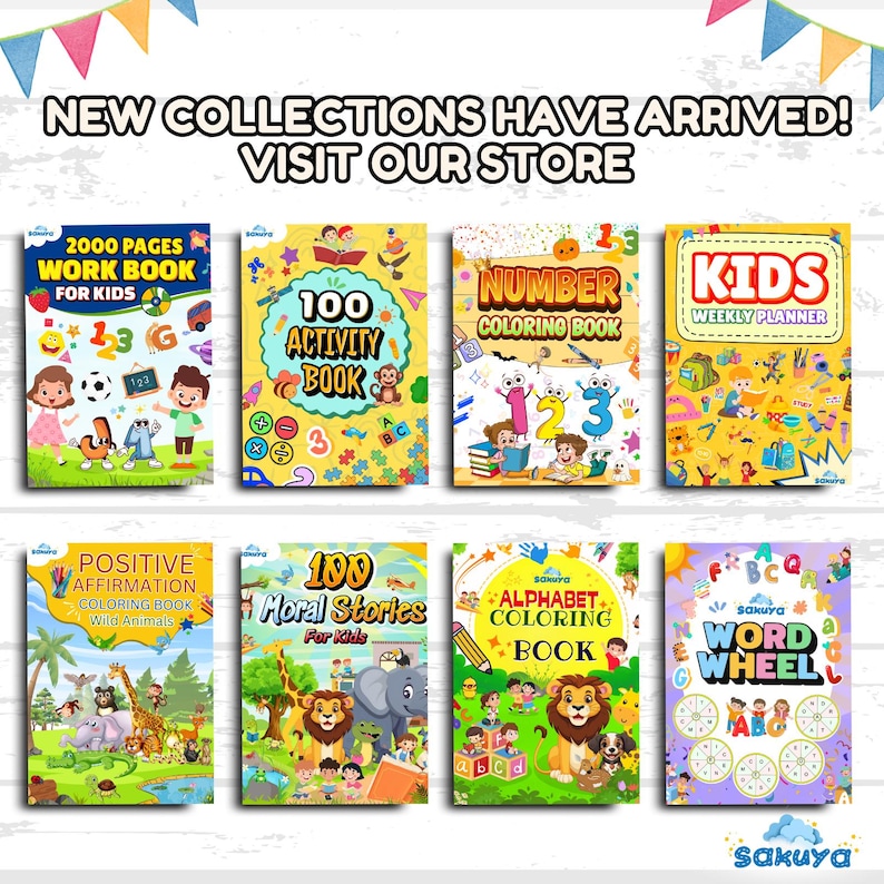 May include: A collection of eight colorful children's activity books with titles like "2000 Pages Work Book for Kids", "100 Activity Book", "Number Coloring Book", "Kids Weekly Planner", "Positive Affirmation Coloring Book Wild Animals", "100 Moral Stories for Kids", "Alphabet Coloring Book", and "Word Wheel".