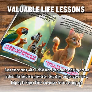 May include: An open book with colorful illustrations of animals. The book teaches valuable life lessons with morals like listening is as important as talking and patience leads to great rewards. Each story ends with a clear moral, teaching kids important values like kindness, honesty, empathy, and perseverance, helping to shape their character from a young age.