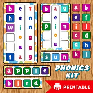May include: A colorful phonics kit with word puzzles and letter tiles. The kit includes words like "apple" and "bird", and the text "PHONICS KIT PRINTABLE" is visible. The design features a wooden background with bright, playful colors.