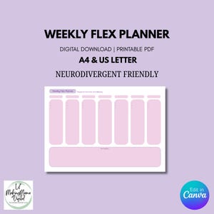 May include: A digital weekly flex planner printable PDF in A4 and US letter sizes. The layout features seven vertical columns for daily tasks and a large bottom section for notes, all in a light purple and pink color scheme with text.