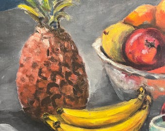 L.ジョーンズ作 - 20世紀半ばの油彩画、果物の入ったボウルと皮をむい