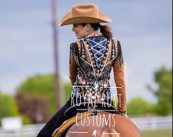 Show Vest black, blue with teal base Showmanship, Horsemanship, Western pleasure Rodeo Queen Jackets and Vest For Sale.