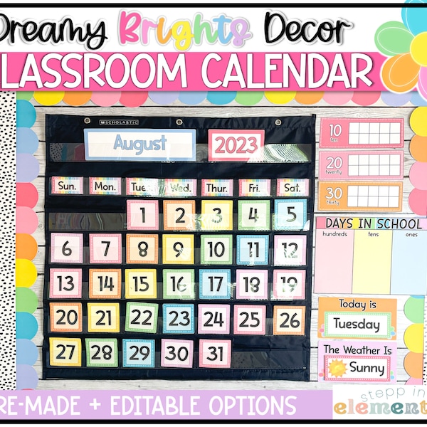 Dreamy Brights Classroom Calendar Set | Pocket Chart | Trendy + Bright Classroom Decor | Calendar Set Display