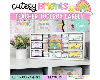 Etiquetas brillantes y bonitas para la caja de herramientas del profesor / Organización del aula / Editables / Decoración pastel y brillante para el aula