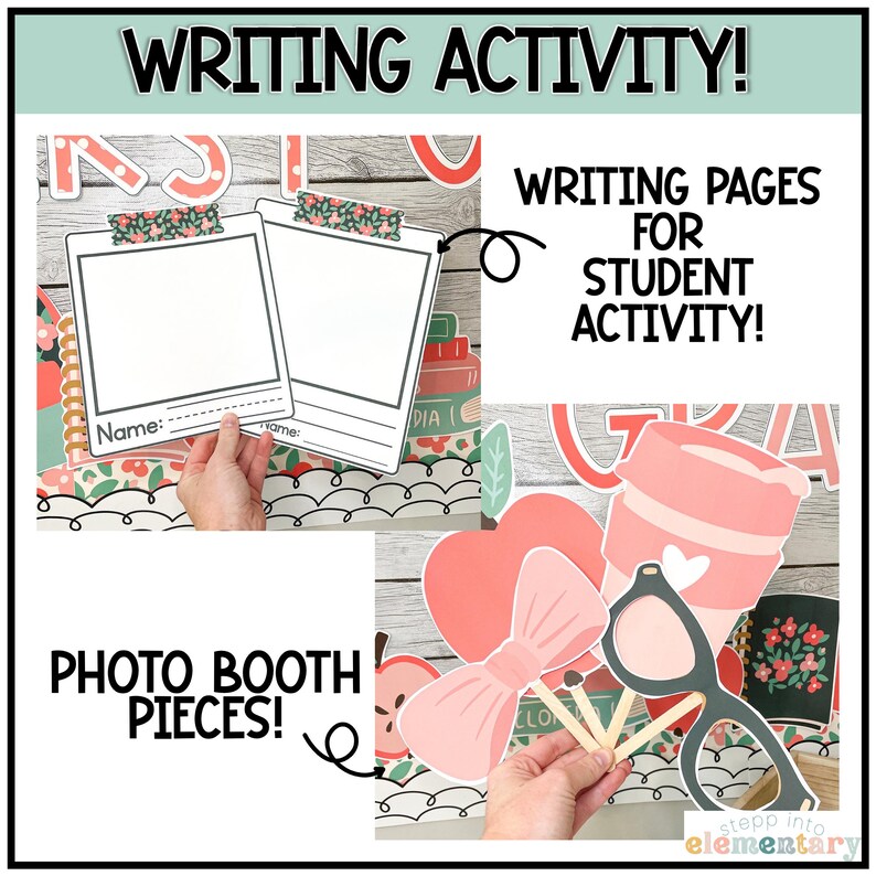 May include: A set of printable photo booth props for a graduation party. The props include a pink coffee cup, a pink bow, a pink heart, and a pair of black and pink glasses. The props are printed on white cardstock and have a whimsical design.