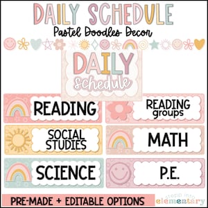 Pastel Doodles Exibição e Cartões de Programação Diária | Editável | Decoração de sala de aula moderna e simples em tons pastéis