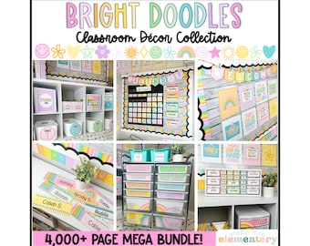 May include: A classroom decor collection with a rainbow theme. The collection includes a welcome banner, a calendar, name tags, storage bins, and a variety of other classroom decorations. The collection is designed to be bright and cheerful, and it is perfect for any classroom.