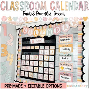 Pastell Doodles Klassenzimmer-Kalender Set | Lehrtafel | Trendy + Simple Pastel Klassenzimmer Dekor | Kalenderaufsteller
