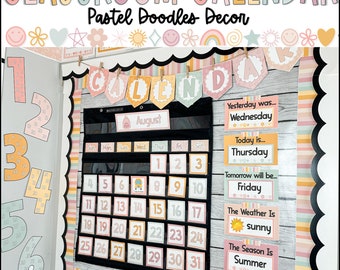 Calendario de aula con garabatos pastel y decoración de bolsillo (descarga digital)