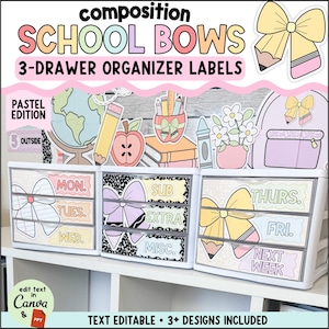 3-Drawer Organizer Labels | Composition Notebook Decor | Pencil Bows
