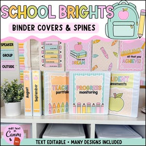 May include: A set of school binder covers and spines featuring pastel colors, pencil illustrations, and apple graphics. The text includes SCHOOL BRIGHTS, BINDER COVERS & SPINES, TEACHER PORTFOLIO, PROGRESS MONITORING, STUDENT ASSESSMENTS, and read and DREAM.