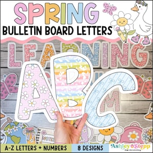 May include: Spring-themed bulletin board letters in various pastel patterns. The image shows the letters A, B, and C, with floral, striped, and bow designs. The text "SPRING BULLETIN BOARD LETTERS" is at the top, with "A-Z LETTERS + NUMBERS" at the bottom.