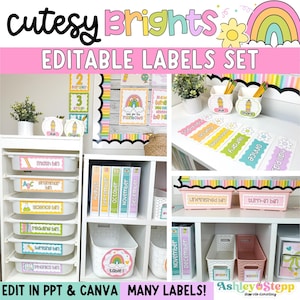 May include: A colorful classroom organization set with the text "cutesy Brights EDITABLE LABELS SET." The image shows labels for bins, binders, and decor, featuring rainbows, flowers, and pastel colors. The labels are designed for use in a classroom setting.