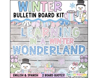Puede incluir: Un kit de tablón de anuncios con temática invernal con las palabras "Winter Bulletin Board Kit" y "Learning in a Winter Wonderland". Incluye gráficos de muñecos de nieve y copos de nieve, y el texto "English & Spanish 2 Board Quotes!"