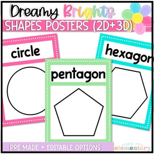 May include: Three printable posters for a classroom or homeschool setting. The posters feature a circle, a pentagon, and a hexagon. Each shape is outlined in black and has the name of the shape written in black at the top of the poster. The posters are designed to be used for teaching geometry and shapes to young children.