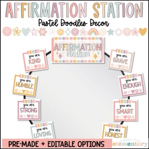 May include: A pastel-colored affirmation station classroom decor set with a circular frame and eight colorful cards with positive affirmations. The cards feature the text "You are" followed by an affirmation such as "Kind", "Brave", "Humble", "Strong", "Enough", "Smart", "Loving", and "Honest".
