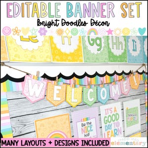 Bright Doodles Editable Banner Set | Bulletin Board | Trendy + Simple Bright Classroom Decor