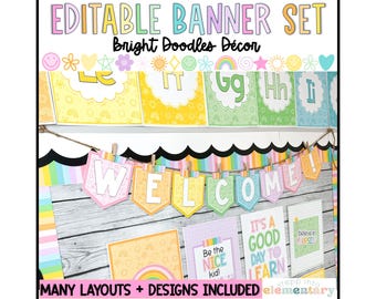 May include: Editable banner set with a rainbow, sun, and flower theme. The banners feature the letters L, T, G, H, and I. The set also includes a welcome banner and other classroom decor with phrases like "Be the Nice Kid!" and "It's a Good Day to Learn".