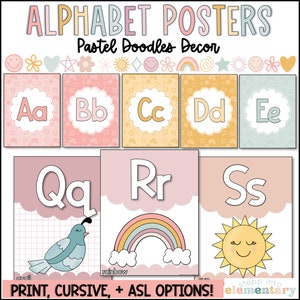 Posters alphabet pastel doodles | Impression + alphabet cursif | Modifiable | Décoration de classe pastel tendance et simple