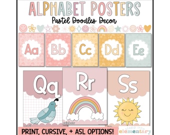 Pastel Doodles Alphabet Posters | Print + Cursive Alphabet | Editable | Trendy + Simple Pastel Classroom Decor