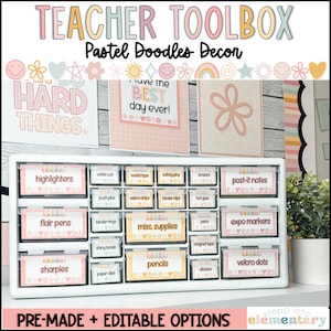 Pastel Doodles Teacher Toolbox Labels | Classroom Organization | Editable | Trendy + Simple Pastel Classroom Decor
