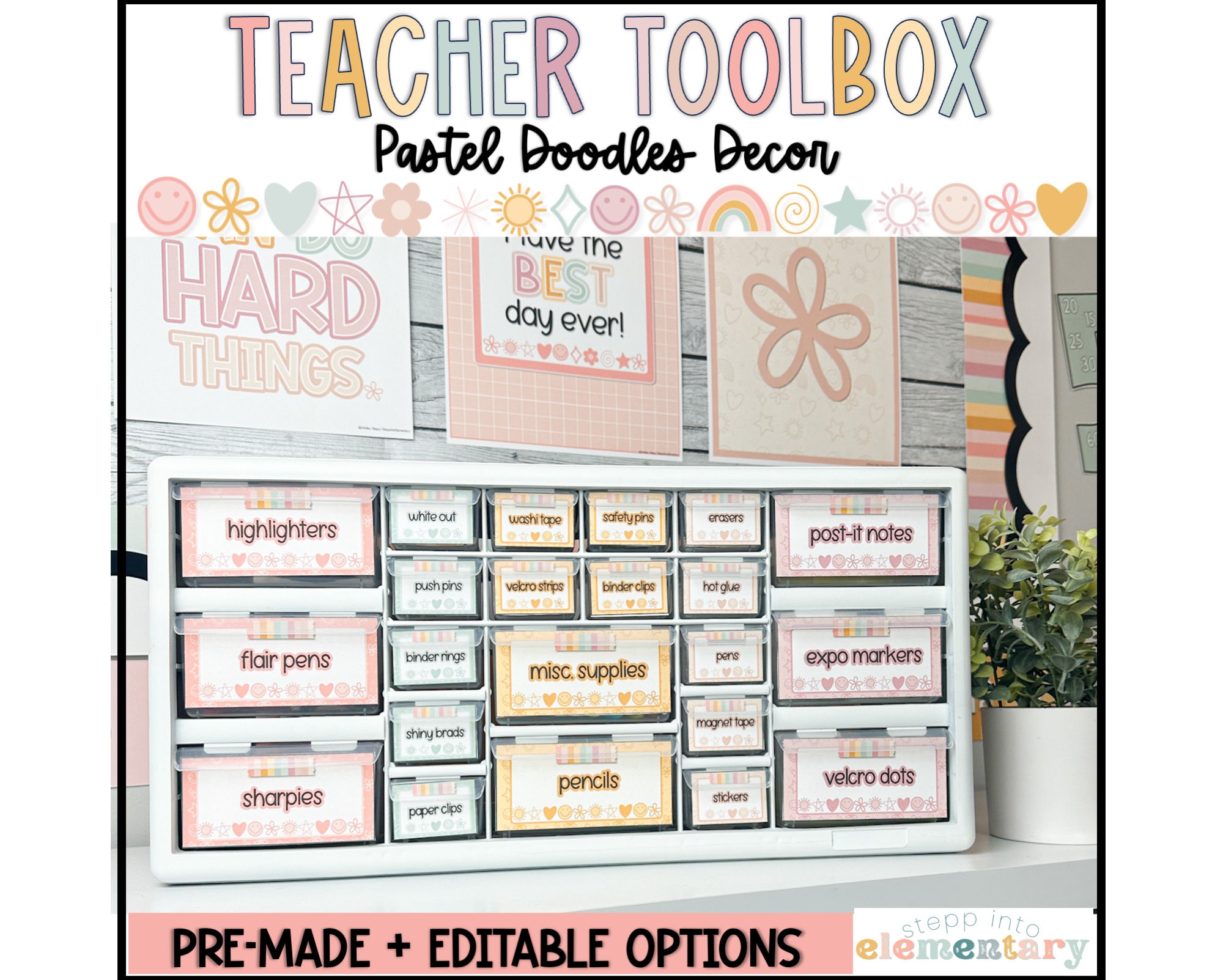 Pastel Doodles Teacher Toolbox Labels | Classroom Organization | Editable | Trendy + Simple Pastel Classroom Decor