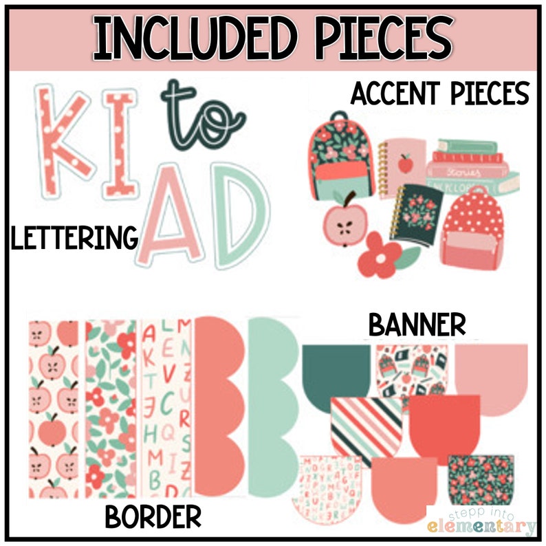 May include: A set of printable classroom decorations with a "Kids to Read" theme. The set includes a banner, border, lettering, and accent pieces. The accent pieces include a backpack, books, apples, and flowers. The border includes a variety of patterns, including apples, flowers, and alphabet letters. The banner includes a variety of patterns, including stripes, polka dots, and flowers.