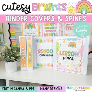 Op de afbeelding: Afbeelding van kleurrijke ordneromslagen en ruggen met de tekst "cutesy Brights" en "BINDER COVERS & SPINES". De ordners hebben ontwerpen met regenbogen, bloemen en de woorden "August", "September", "School Calendar" en "Lesson Plans".