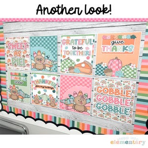 May include: A Thanksgiving-themed noticeboard with colourful posters featuring turkeys, pumpkins, and autumn-themed text. The posters have a chequered background and include phrases like "Sweet as Pie", "Grateful to be Together", "Give Thanks", "Thankful for my turkeys", and "Gobble Gobble Gobble".