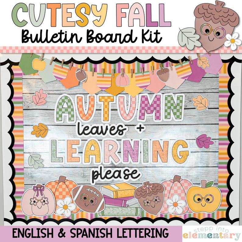May include: A bulletin board kit with a fall theme. The kit includes a banner with colorful leaves, pumpkins, acorns, and footballs. The title of the kit is "Cutesy Fall Bulletin Board Kit". The main text on the board says "Autumn leaves + Learning please". The kit also includes a variety of other decorations, such as pumpkins, acorns, and leaves.