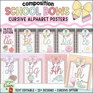 Peut inclure: Un ensemble d'affiches éducatives de l'alphabet avec des lettres cursives de A à I sur des fonds de papier ligné, des motifs de presse-papiers, des nœuds pastel et des crayons. Le texte indique composition SCHOOL BOWS CURSIVE ALPHABET POSTERS.