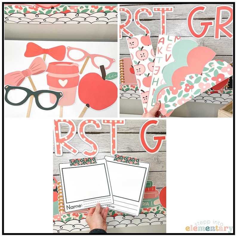 May include: A set of classroom decorations featuring a red apple theme. The decorations include a banner with the words "First Grade", a set of alphabet letters, and a set of apple-themed cutouts. The decorations are designed to be used in a classroom setting.