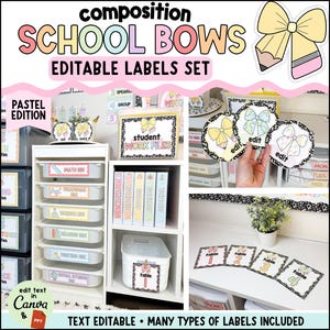 Könnte beinhalten: Ein Set bearbeitbarer Schuletiketten mit pastellfarbenen Schleifen- und Bleistiftgrafiken. Die Sammlung umfasst rechteckige Schubladenetiketten, runde Anhänger und quadratische Tischschilder mit schwarz-weiß gemusterten Rändern zur Organisation.