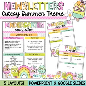 Könnte beinhalten: Ein Satz von fünf farbenfrohen und anpassbaren Newsletter-Vorlagen für Kindergarten- und Grundschullehrer. Die Vorlagen haben ein Sommerthema mit Eiswaffeln, Regenbögen und Blumen. Der Text auf den Vorlagen umfasst "Kindergarten-Newsletter", "Woche vom 5. bis 9. Mai", "Wir lernen...", "Erinnerungen", "Neuigkeiten dieses Monats...", "Ein Blick nach vorne...", "Newsletter der 1. Klasse", "Woche von", "Überschrift hier" und "Text hier eingeben".