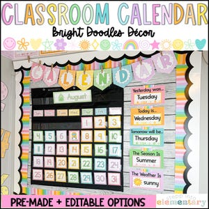 Conjunto de calendario de aula Bright Doodles / Gráfico de bolsillo / Moda + Decoración de aula brillante simple / Pantalla de conjunto de calendario