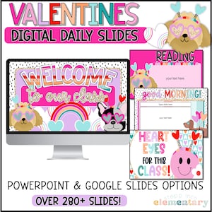 Op de afbeelding: Een digitale lesbron voor Valentijnsdag met meer dan 280 dia's. De dia's hebben een roze en paarse kleurschema met harten, regenbogen en honden die hartvormige zonnebrillen dragen. De tekst "WELCOME to our class" wordt weergegeven op een roze banner. De dia's zijn beschikbaar in zowel PowerPoint- als Google Slides-formaat.
