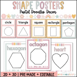 Pastel Doodles Shape Posters | Math Posters | 2D & 3D Shapes | Trendy + Simple Pastel Classroom Decor