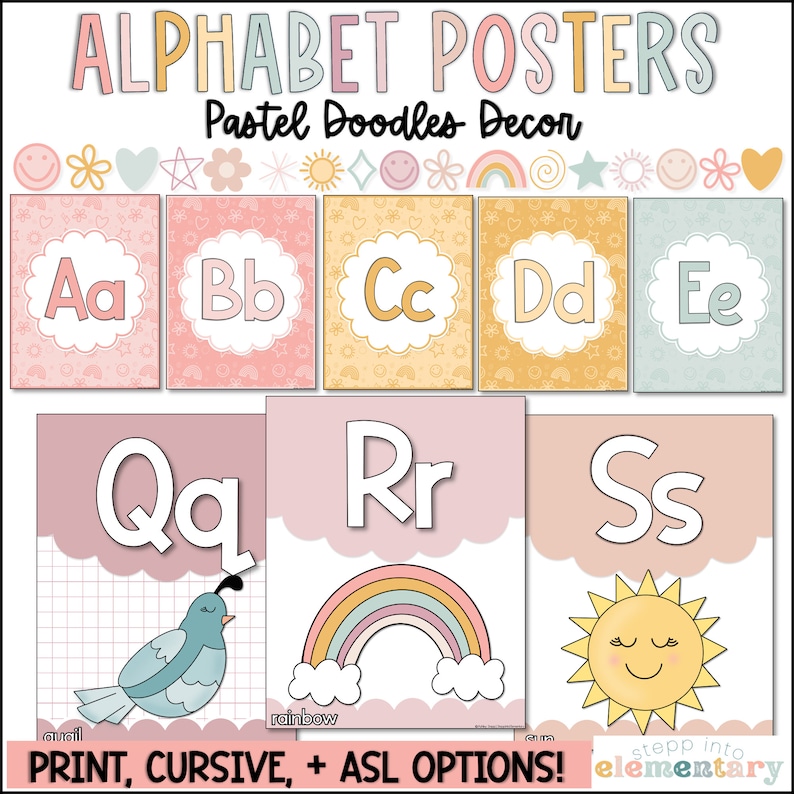 Pastel Doodles Alphabet Posters | Print + Cursive Alphabet | Editable ...