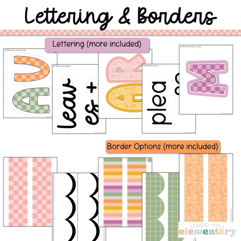 May include: A digital download of printable classroom decor featuring lettering and borders in a fall theme. The lettering includes the words "leaves" and "please" with a checkered pattern. The borders include a checkered pattern, a wavy line, a striped pattern, and a pattern with pumpkins and leaves.