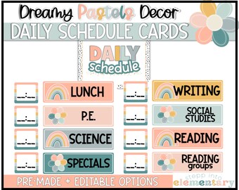 Horario diario con tarjetas y diseños en tonos pastel de ensueño / Editable / Decoración moderna y en tonos pastel para el aula