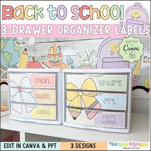 May include: A white 3-drawer organizer with labels for each day of the week, featuring a bow and pencil design. The labels are color-coded and include the days of the week. The text "Back to School" is at the top.
