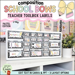 May include: A white plastic organizer with multiple clear drawers, each featuring a black and white patterned label with text and illustrations for school supplies. The labels include words like highlighters, flair pens, pens, and sticky notes.
