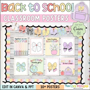 Back to School Classroom Posters Set | Composition Notebook Theme | Bulletin Board Decor | Pastel School Supplies Bows