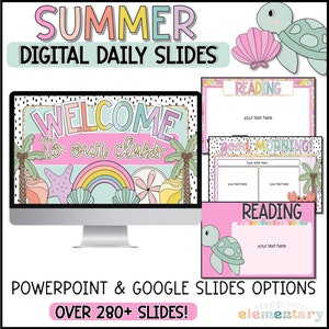 May include: A digital download of over 280 summer-themed slides for PowerPoint and Google Slides. The slides feature a colourful welcome sign, a rainbow, seashells, and a turtle. The slides are ideal for teachers who want to create engaging and interactive lessons for their students.