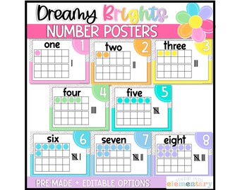 May include: A set of colorful number posters for preschool or kindergarten classrooms. Each poster features a number from one to eight, with a ten frame and tally marks to represent the number. The posters have a whimsical, dreamy design with a flower graphic.
